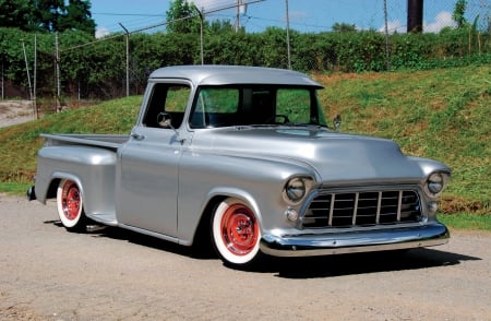 1955-Chevy-Stepside - classic, red rims, silver, gm