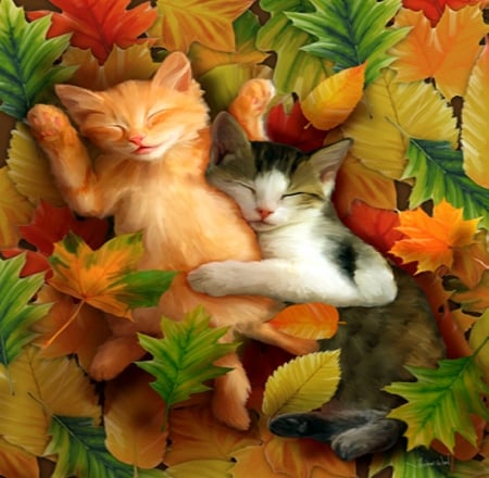 ★Autumn Nap★ - pretty, creative pre-made, paintings, weird things people wear, colors, nap, fall season, lovely, leaves, colorful, kittens, autumn, cute, cats, love four seasons, animals