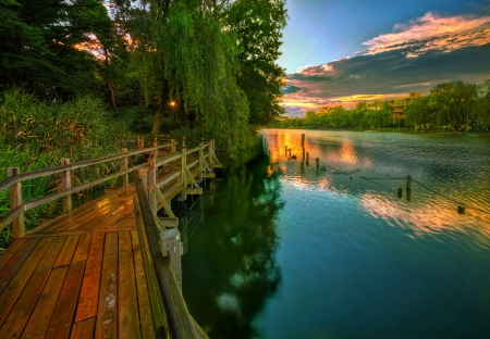 Calm Afternoon At The Lake - clouds, trees, sunset, beautiful, lake, walkway, building