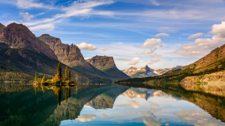 Summer Morning - calm waters, islet, lake, mountains, montana, reflection, forest, beautiful, glacier