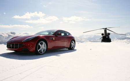 2014 Ferrari FF Luxury Sportscar - Ferrari, Helicopter, Red, Snow, Cars, 2014