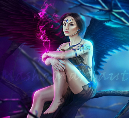 ~Dark Angel~ - girls, photomanipulation, models, lady, background, wings, lovely, fantasy, creative pre-made, love four seasons, digital art, weird things people wear, beautiful, colors