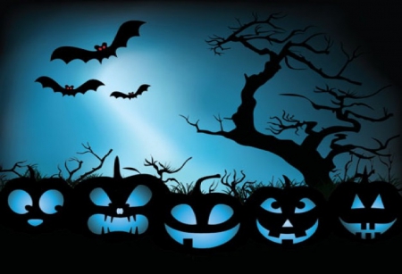 Happy Halloween - blue light, pumpkins, tree, bats