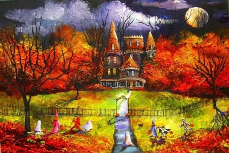 Trick-Or-Treating - moon, season, fence, trees, ghosts, kids, fall colors, halloween, fall, artwork, house