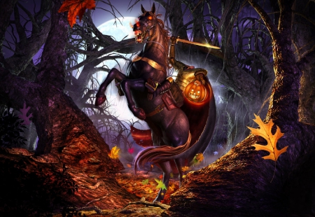 Headless Horseman - sword, fantasy, pumpkin, woods