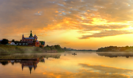 Staraja Ladoga, Russia - house, sunlight, river, sailing, shore, boat, morning, skk