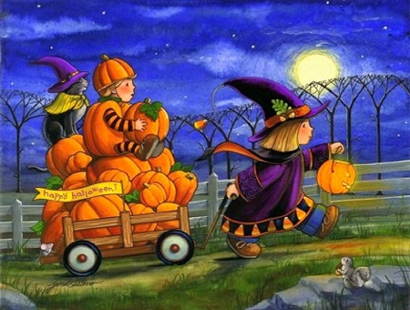 ★Pumpkin Wagon★ - pretty, witches, fun, witch hats, pumpkins, creative pre-made, holidays, halloween, cats, paintings, wagon, weird things people wear, colors, lovely, fall season, autumn, cute, love four seasons