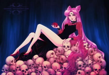 Black Lady - chibiusa, black, black lady, hot, anime girl, girl, e sexy, pink hair, sailormoon, sailor moon, pink, twin tails, bon, anime, twintail, twintails, dress, skull, twin tail, long hair, small lady, female