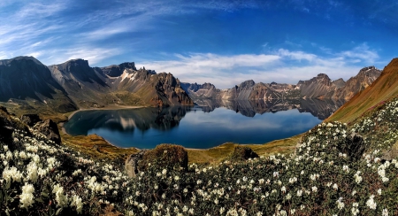 Heaven Lake - lakes, mountains, lake, flowers