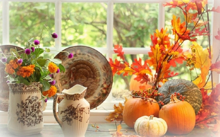 window fall decoration - abstract, fall leaves, pumpkins, window, decorations, still life