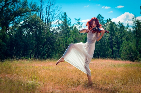 Dancing Violin Redhead - violin, dress, girl, hair, music, instrument, redhead, nature, red, woman, field, dancing, dance