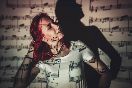 ♫ - girl, hair, music, red, colored, shadows, effects, notes, painted