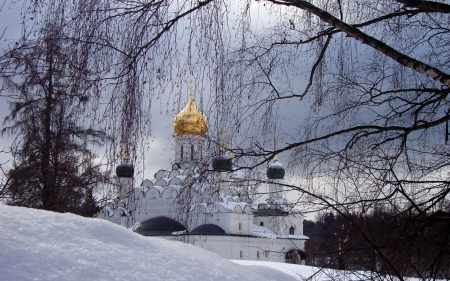 Russian Church through the Trees - russian church, snow, architecture, churches