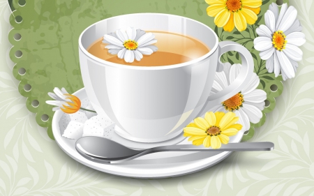 Tea - spoon, vector, tea, daisy, cup, white, yellow, green, flower