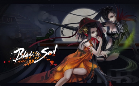 Blade and soul - moon, woman, couple, girl, fantasy, krysha, dark, game, orange, green, luna, blade and soul