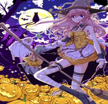 Witch - witch, otginal, girl, halloween, night, long hair, card, cat