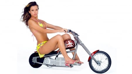 Lucy Falconer - motorcycle, bikini, model, beauty, brunette, toy