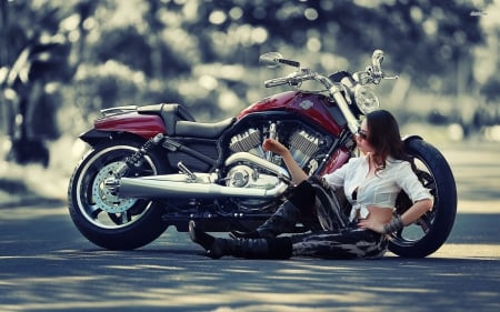 Two Beauties - beauties, brunette, road, motorcycle, model