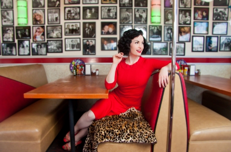 Kathleen Raye - beauty, model, fountain, art, pin up, diner, brunette, soda, booth