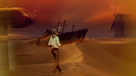 Legend - ship, background, fish, desert, model, dolphin