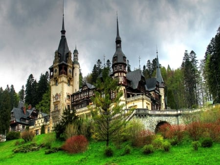 Peles Castle, Sinaia Romania - sky, building, trees, black, bushes, nature, forest, window, clouds, castle, blue, architecture, doors, green, grass