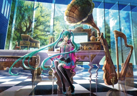 Old Timer - pretty, anime, vocaloid, twin tail, female, miku hatsune, twintail, hatsune miku, green hair, long hair, harp, headphones, instruments, fuji choko, nice, cello, piano, twin tails, anime girl, twintails, beautiful, violin, girl, beauty, lovely, sweet, hatsune, vocaloids