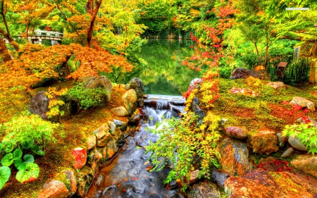 SMALL RIVER PASSING THROUGH the GARDEN in AUTUMN - autumn, streams, trees, water, beautiful rocks, plants, rocks, nature, forest, river, seasons, leaves, splendor, flowers, garden, small