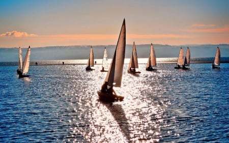 sailboats - sky, sailboats, ocean, mountain