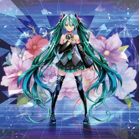 Hatsune Miku - pretty, anime, vocaloid, twin tail, female, miku hatsune, twintail, blossom, hatsune miku, green hair, microphone, hd, nice, twin tails, anime girl, twintails, beautiful, girl, beauty, lovely, sweet, flower, long hiar, cg, miku, hatsune, floral, vocaloids