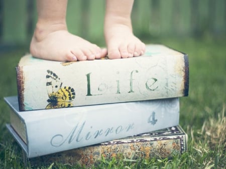 Little Feet - toddler, trees, books, grass, baby, sweet, standing, childs feet, adorable