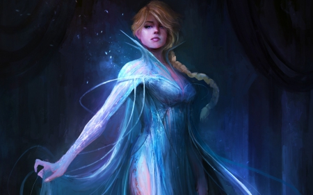 Elsa - winter, blue, queen, girl, Frozen, fantasy, woman, princess, movei, elsa, disney, art