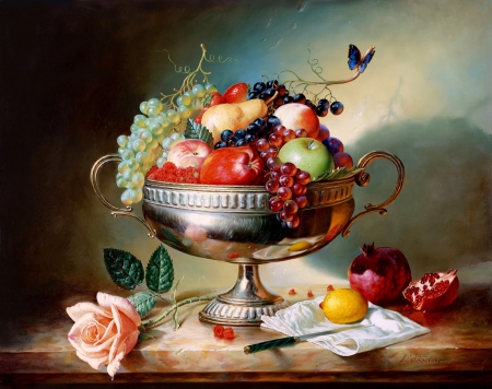 âœ¿âŠ±â€¢â•®Fruit Bowlâ•­â€¢âŠ°âœ¿ - roses, fruits, bowl, still life, lovely, creative pre-made, love four seasons, pretty, beautiful, paintings, flowers, butterfly designs, lovely still life