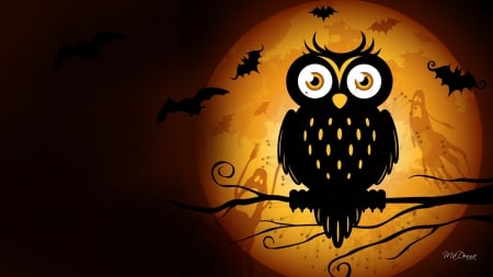 Halloween Owl Moon - moon, autumn, bats, bird, halloween, fall, october, tree, owl