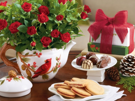 red roses, teapot and cakes