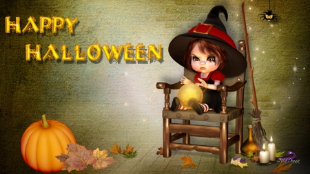 Little Halloween Witch - pumpkins, broom, Halloween, leaves, witch, fall, autumn, wicked, candles