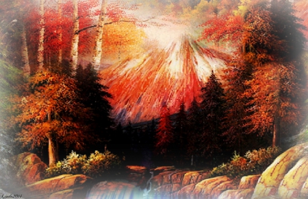 Autumn's Serenity - autumn colors, mountain, trees, waterfall