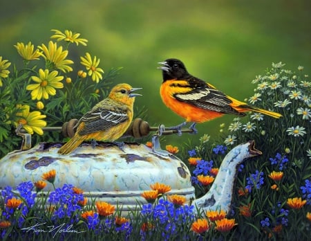 â˜…Tea Time in Gardenâ˜… - animals, gardens, lovely, spring, creative pre-made, nature, love four seasons, pretty, beautiful, colors, paintings, tea time, beloved valentines, flowers, cute, birds