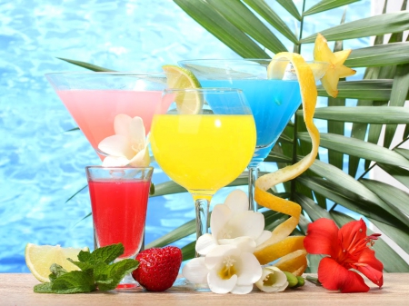 yummy drinks - skyphoenixx1, strawberry, glasses, fruits, photography, cocktail, abstract, yellow, pink, red, blue, lime, flowers, drinks