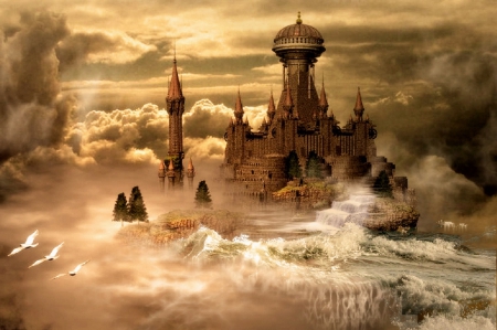 Castle - trees, castle, clouds, waterfalls, fantasy, birds