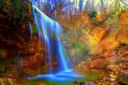 Waterfall - landscape, trees, rocks, Waterfall