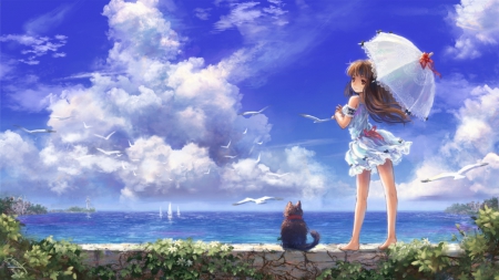 SeaSide - pretty, bird, anime, kawaii, female, scenery, beach, scene, dress, long hair, umbrella, kitten, nice, sky, anime girl, beautiful, girl, sea, sundress, lovely, brown hair, sweet, ocean, cat, cloud, cute, adorable, beauyt, kitty