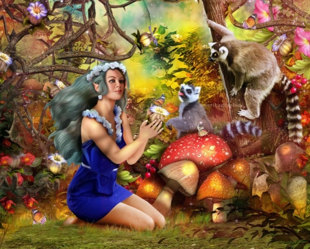 Lespetitsratonslaveuretlafee - mushrooms, girls, autumn, models, mushroom, trees, animals, fantasy, creative pre-made, fall, digital art, lady, forests, lovely, love four seasons, abstract, weird things people wear, beautiful, flowers