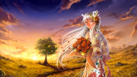 The First Dawn - tree, anime, lady, dawn