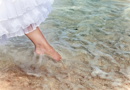 Touch Of The Sea - bride, water, sea, leg, ocean, wedding dress, sand, foot, waves