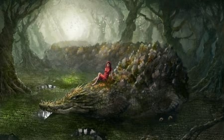 Fantasy - girl, forest, monster, fantasy, dragon, red, green, art, crocodile