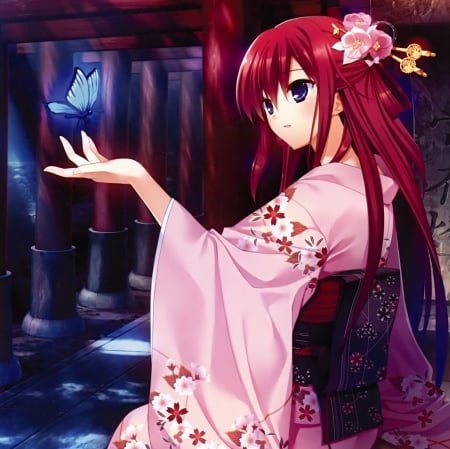 Blue Butterfly - long ahir, beauty, nice, redhead, female, japanese, anime girl, pretty, japan, anime, oriental, kimono, girl, red hair, lovely, cg, hd, butterfly, red, blue, pink, beautiful, shrine, yukata, sweet