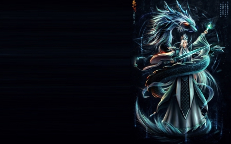 Master and dragon - master, black, game, fantasy, dragon, blue, guy, man