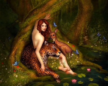 mother nature - leopard, butterfly, girl, deer