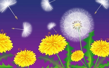 Dandelions - yelow, dandelions, purple, flower, pink