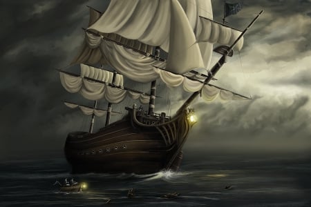 stormy night - ship, boat, stormy, night, ocean